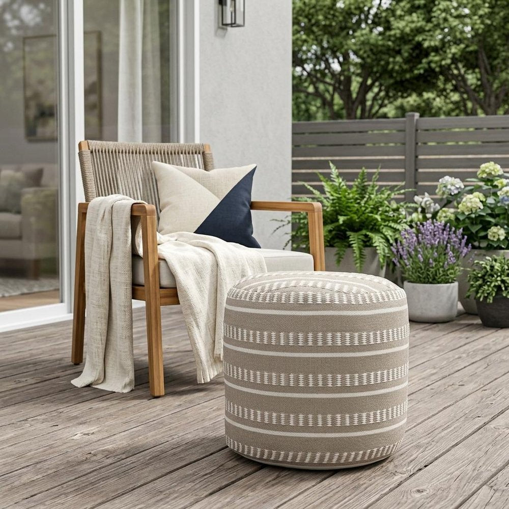 20" Blue Polyester Round Striped Indoor Outdoor Pouf Ottoman