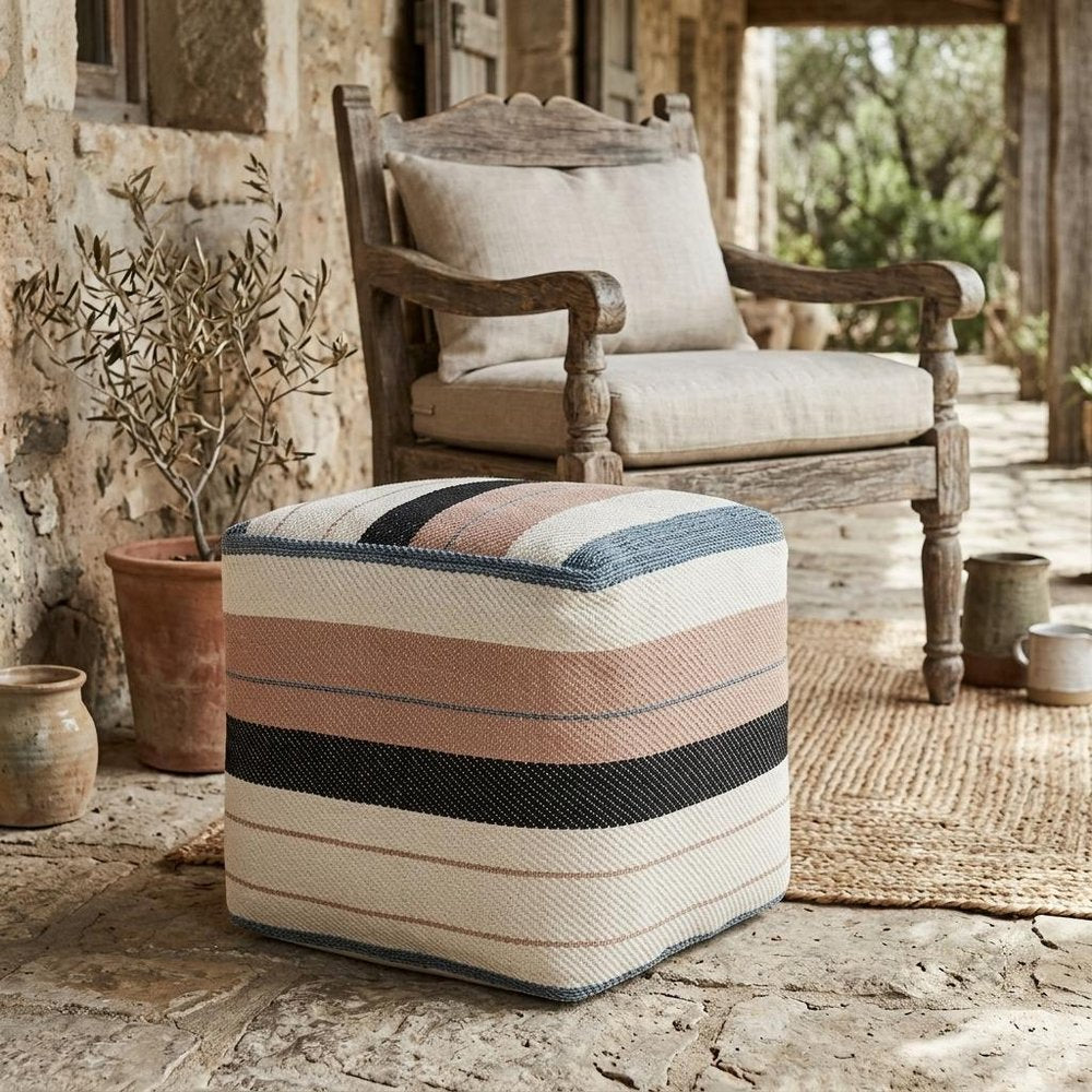 20" White Polyester Striped Indoor Outdoor Pouf Ottoman