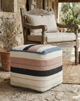 20" White Polyester Striped Indoor Outdoor Pouf Ottoman