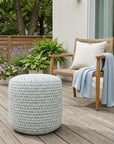 20" Blue Polyester Round Geometric Indoor Outdoor Pouf Ottoman