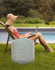 20" Blue Polyester Round Geometric Indoor Outdoor Pouf Ottoman