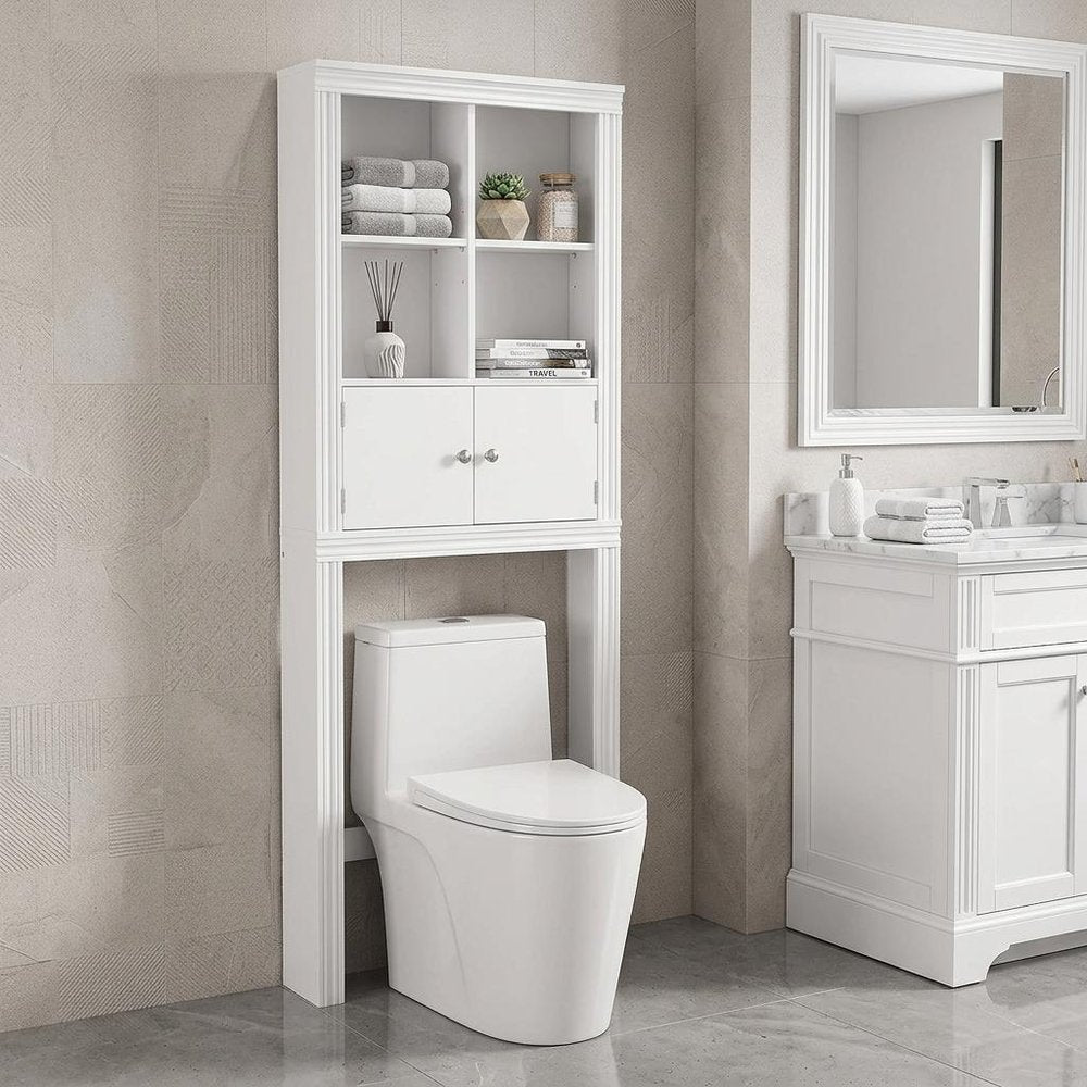 69" White Wood Double Door Over The Toilet Storage