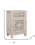 30" Distressed White One Drawer Carved Floral Solid Wood Nightstand