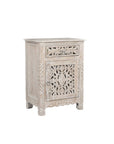 30" Distressed White One Drawer Carved Floral Solid Wood Nightstand