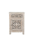 30" Distressed White One Drawer Carved Floral Solid Wood Nightstand