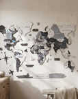 47" X 79" Black Gray And White World Map Wood Hanging Dimensional Sculpture