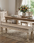 58" White Floral Distressed Solid Wood Dining Bench