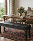 58" Black Floral Distressed Solid Wood Dining Bench