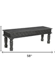 58" Black Floral Distressed Solid Wood Dining Bench