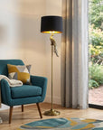 65" Gold And Black Floor Lamp With Black Fabric Drum Shade
