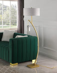 59" Gold And White Arc Floor Lamp With White Fabric Drum Shade
