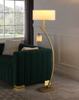 59" Gold And White Arc Floor Lamp With White Fabric Drum Shade