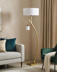 59" Gold And White Arc Floor Lamp With White Fabric Drum Shade