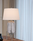 33" Nickel Glass Round Table Lamp With White Empire Shade