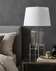 33" Nickel Glass Round Table Lamp With White Empire Shade