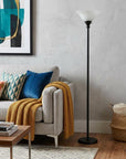 71" Black Torchiere Floor Lamp With Black Glass Dome Shade