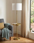 62" Brass Tray Table Floor Lamp With White Square Shade