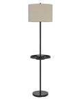 62" Bronze Tray Table Floor Lamp With Beige Drum Shade