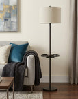62" Bronze Tray Table Floor Lamp With Beige Drum Shade