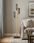 61" Brown Three Light Traditional Shaped Floor Lamp With Black Novelty Shade