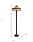 61" Bronze Two Light Traditional Shaped Floor Lamp With Purple and Ivory Abstract Tiffany Glass Empire Shade