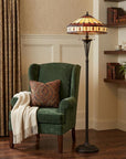 61" Bronze Two Light Traditional Shaped Floor Lamp With Purple and Ivory Abstract Tiffany Glass Empire Shade