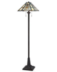 62" Bronze Two Light Traditional Shaped Floor Lamp With Gray and Ivory Abstract Tiffany Glass Empire Shade