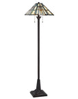 62" Bronze Two Light Traditional Shaped Floor Lamp With Gray and Ivory Abstract Tiffany Glass Empire Shade
