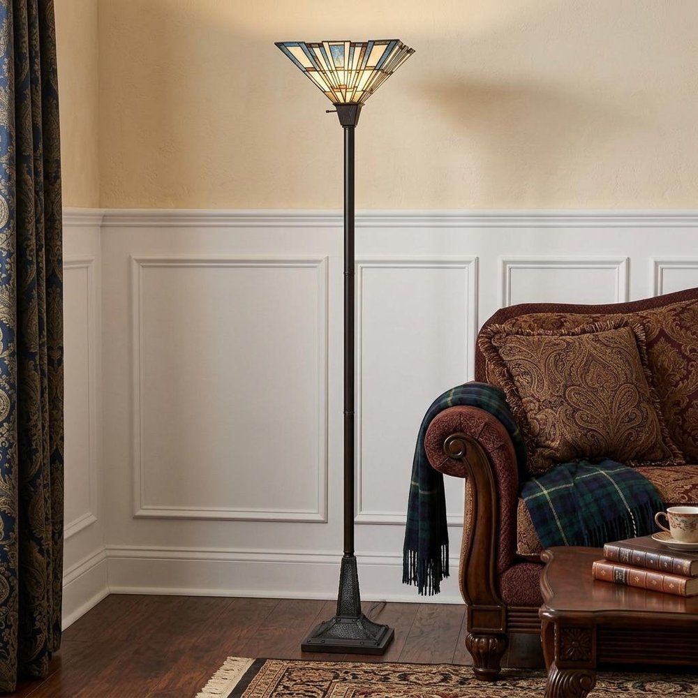 72" Bronze Torchiere Floor Lamp With Gray and Ivory Abstract Tiffany Glass Novelty Shade