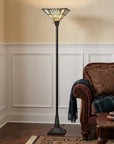 72" Bronze Torchiere Floor Lamp With Gray and Ivory Abstract Tiffany Glass Novelty Shade