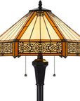 60" Bronze Two Light Traditional Shaped Floor Lamp With Orange and Ivory Abstract Tiffany Glass Empire Shade