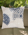 20" Beige Blue and Ivory Floral Indoor Outdoor Throw Pillow