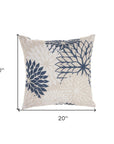 20" Beige Blue and Ivory Floral Indoor Outdoor Throw Pillow
