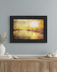 Yellow Sunset Boats In Marina Black Framed Print Wall Art