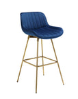 Set of Two 29" Blue And Gold Velvet And Metal Low Back Bar Height Swivel Bar Chairs