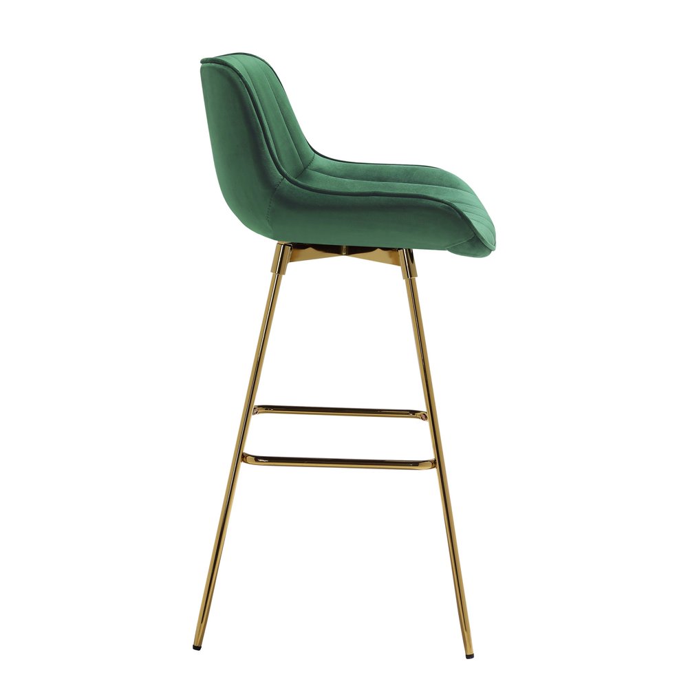 Set of Two 29" Blue And Gold Velvet And Metal Low Back Bar Height Swivel Bar Chairs