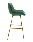 Set of Two 29" Blue And Gold Velvet And Metal Low Back Bar Height Swivel Bar Chairs
