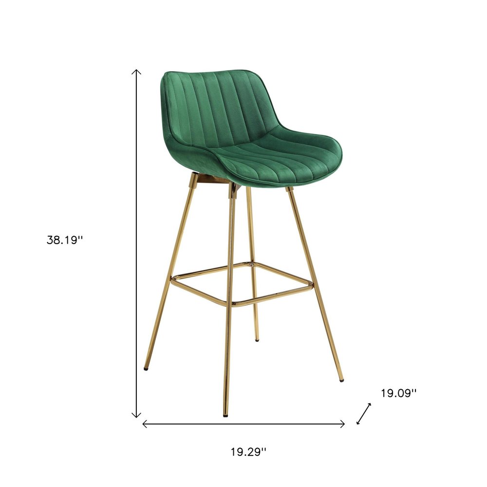 Set of Two 29" Blue And Gold Velvet And Metal Low Back Bar Height Swivel Bar Chairs