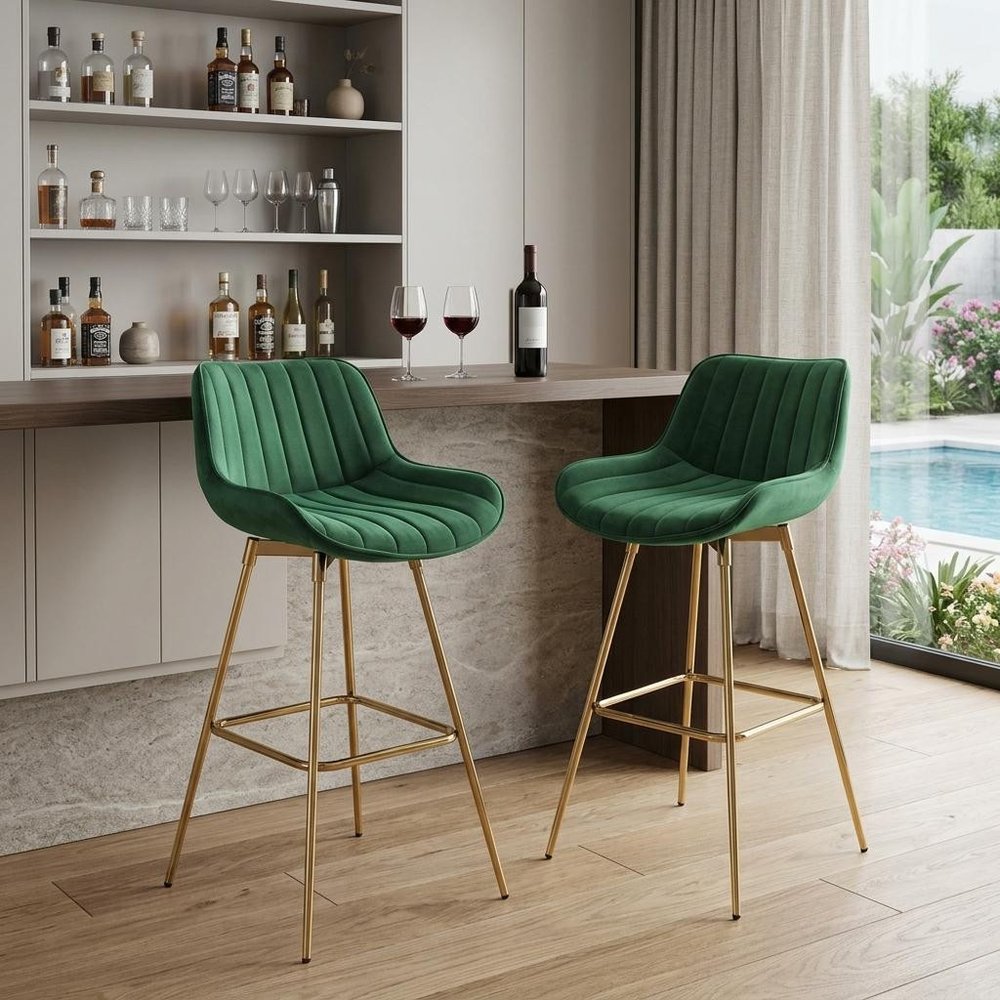 Set of Two 29" Blue And Gold Velvet And Metal Low Back Bar Height Swivel Bar Chairs