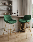 Set of Two 29" Blue And Gold Velvet And Metal Low Back Bar Height Swivel Bar Chairs
