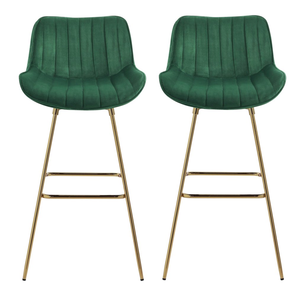Set of Two 29" Blue And Gold Velvet And Metal Low Back Bar Height Swivel Bar Chairs