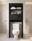 25" Black Wood Recessed Double Door Over-the-Toilet Storage