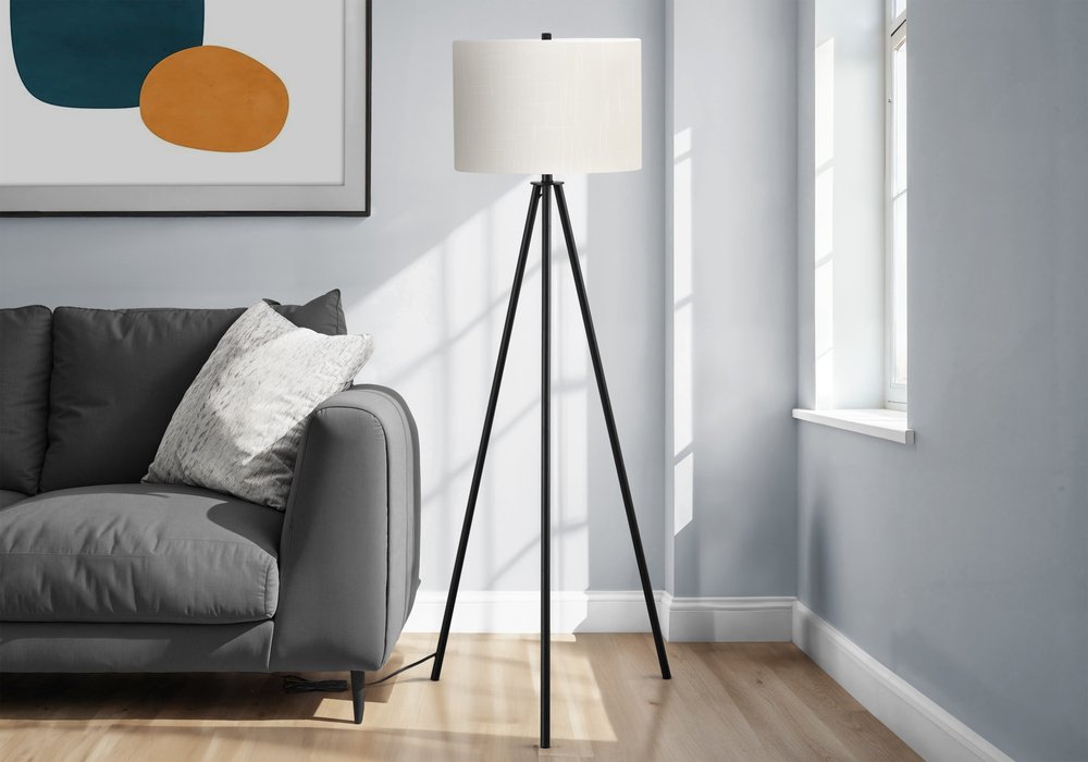 63" Black LED Light Changing Floor Lamp With Cream Fabric Drum Shade