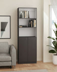 71" Gray And White Wood Three Tier Bookcase with Two Doors