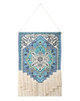 45" X 26" Blue Aqua And Ivory Flower Floral Cotton Macrame Hanging Tapestry