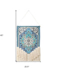 45" X 26" Blue Aqua And Ivory Flower Floral Cotton Macrame Hanging Tapestry