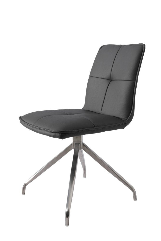Set of Two Gray And Silver Tufted Faux Leather And Stainless Steel Swivel Dining Side Chairs