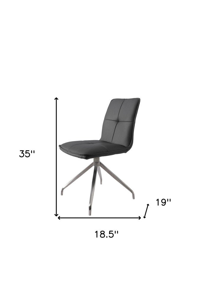 Set of Two Gray And Silver Tufted Faux Leather And Stainless Steel Swivel Dining Side Chairs