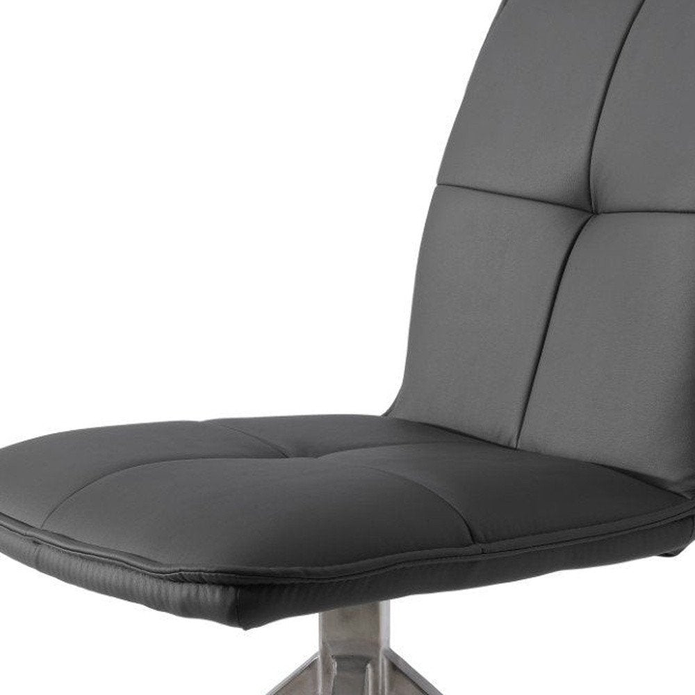 Set of Two Gray And Silver Tufted Faux Leather And Stainless Steel Swivel Dining Side Chairs