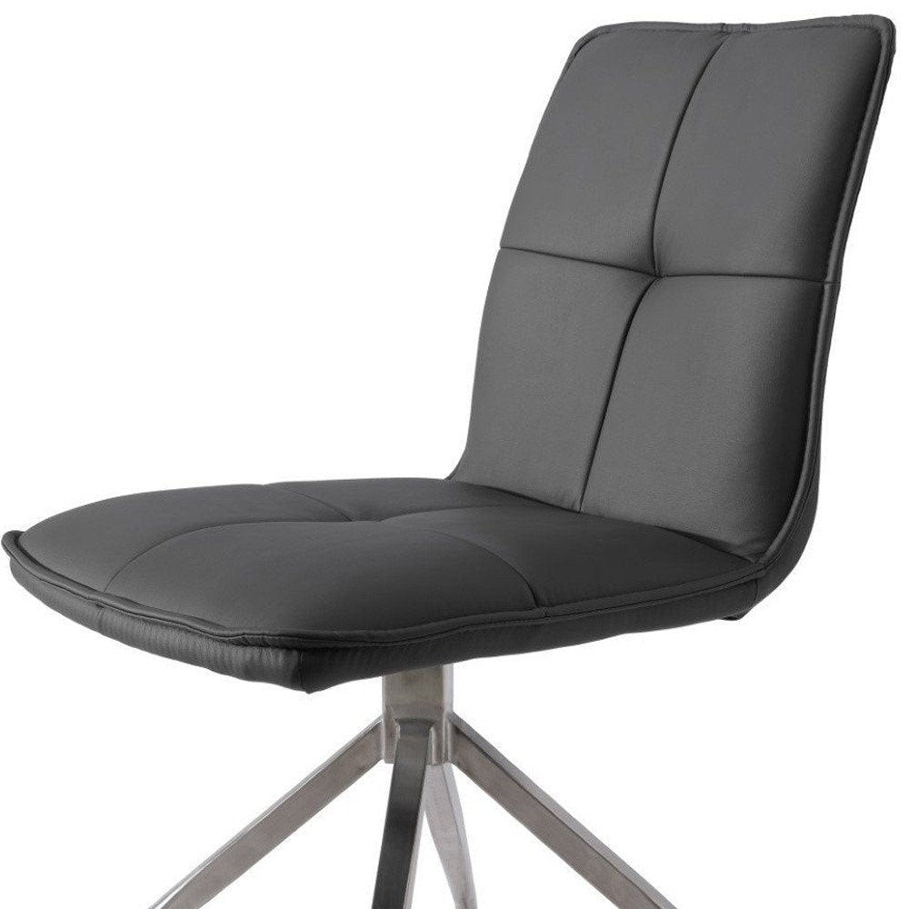 Set of Two Gray And Silver Tufted Faux Leather And Stainless Steel Swivel Dining Side Chairs